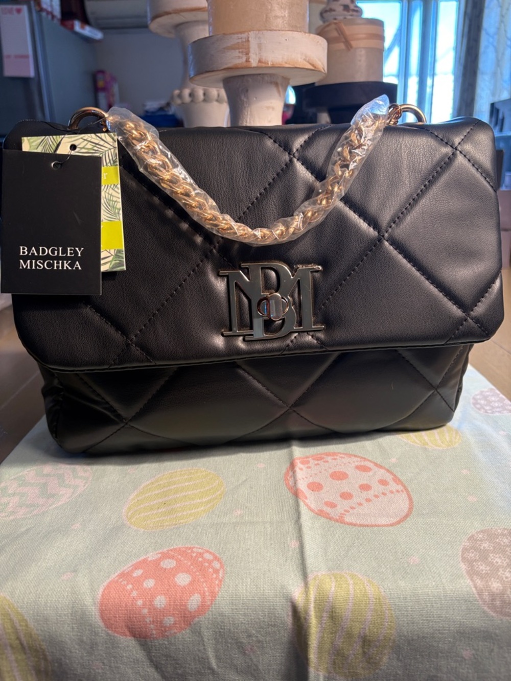 Badgley Mischka Black Quilted Shoulder Bag with Gold Chain